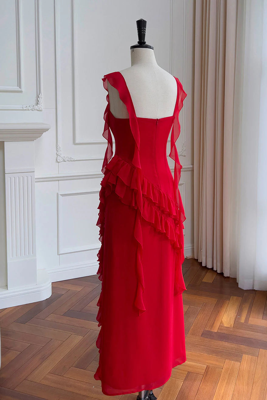 Formal Wear Dresses/Square Neck Red Ruffle Chiffon Long Party Dress Prom Dress/Prom Dresses Stores